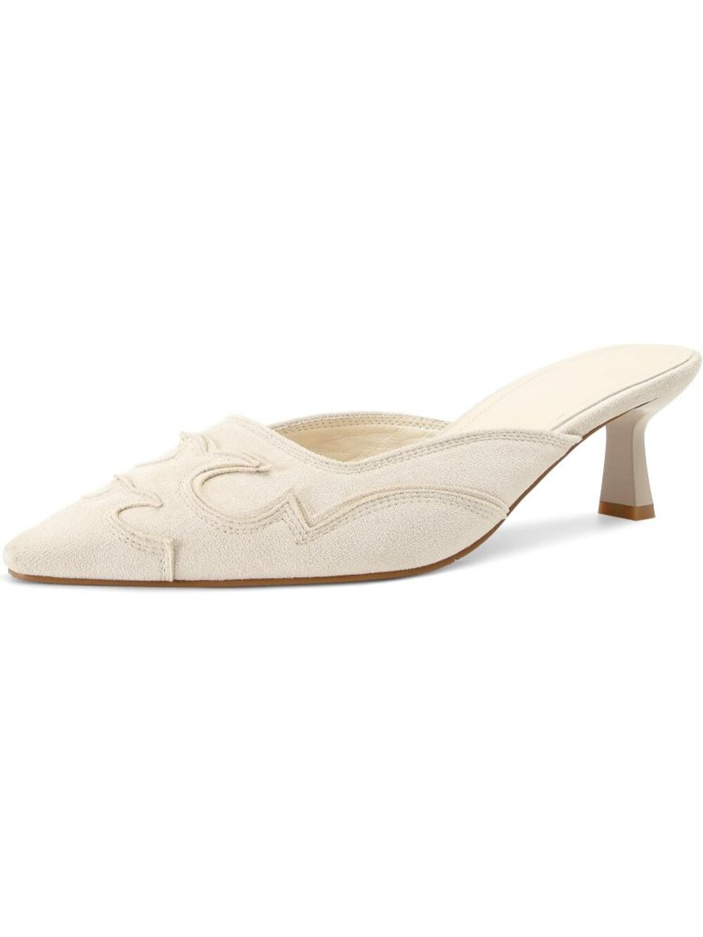 Women's White Suede Kitten Heel Mules Stitching Flame Design Close Toe Heel Pump